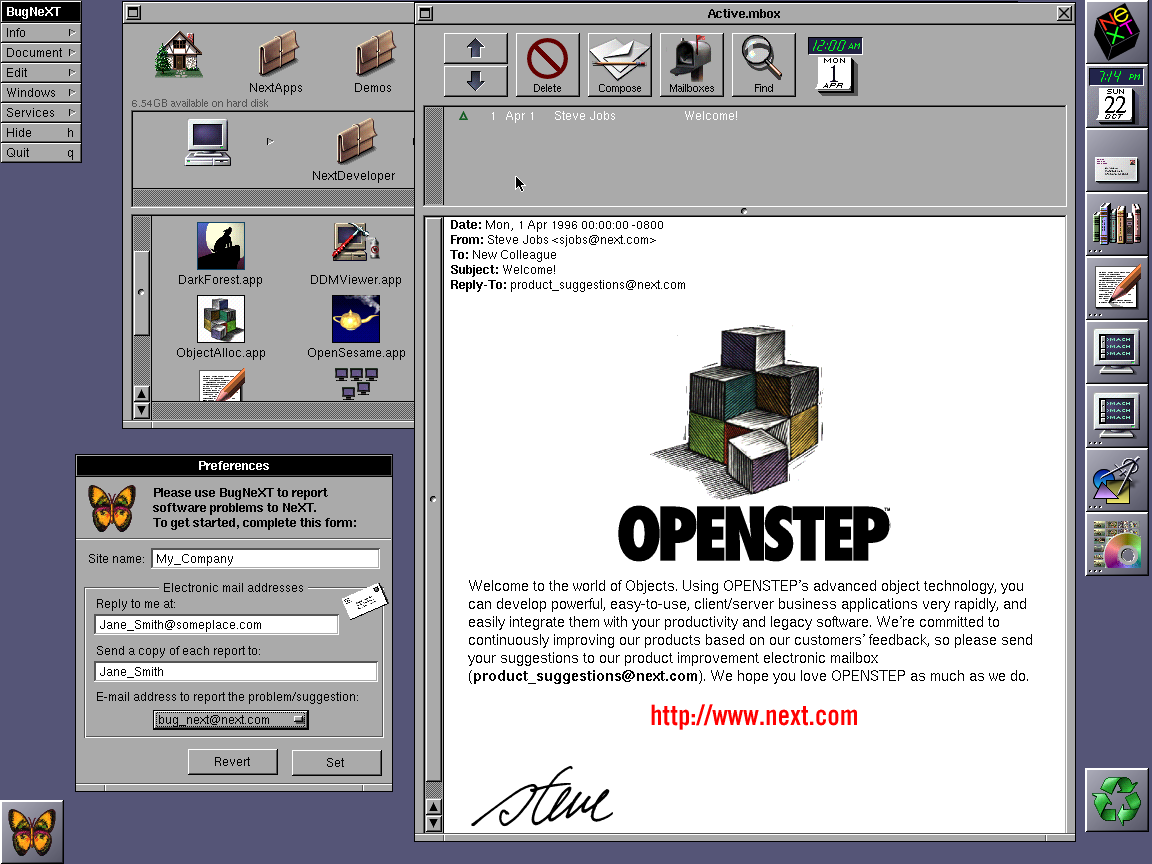 OpenStep welcome email from Steve Jobs