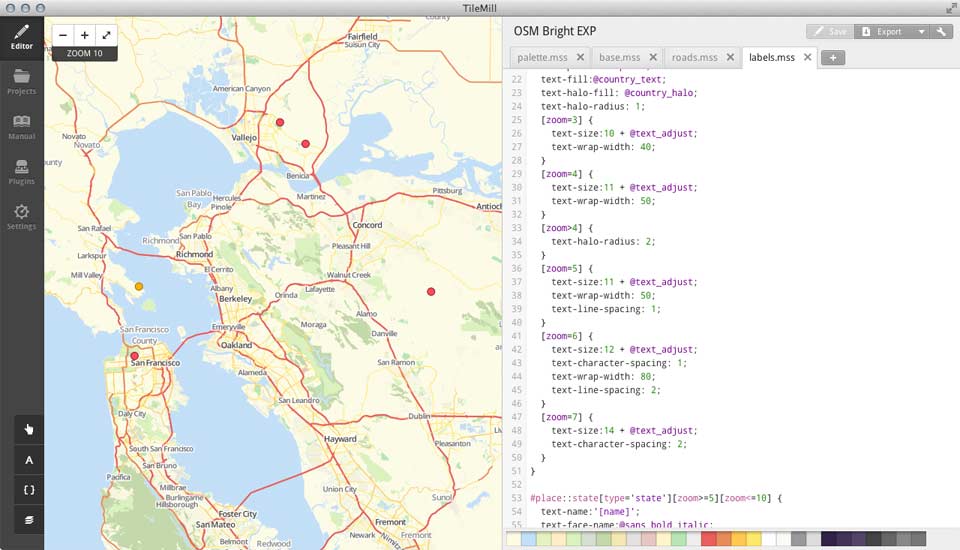 A screenshot showing the MapBox TileMill software graphical user interface" title="MapBox TileMill GUI