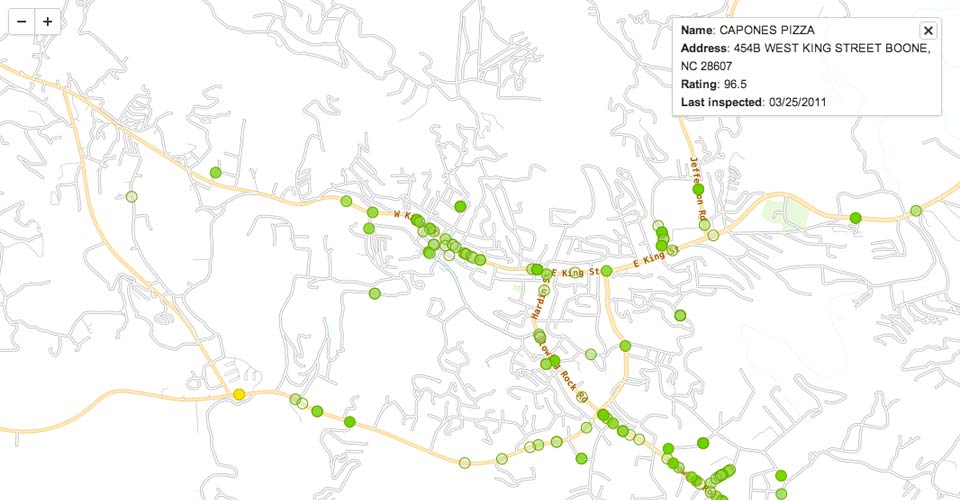 Watauga county, North Carolina restaurants color coded by food safety rating