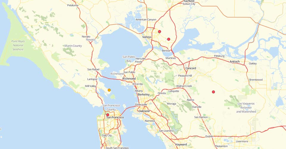 A map of the Bay Area, California showing Zodiac case locations